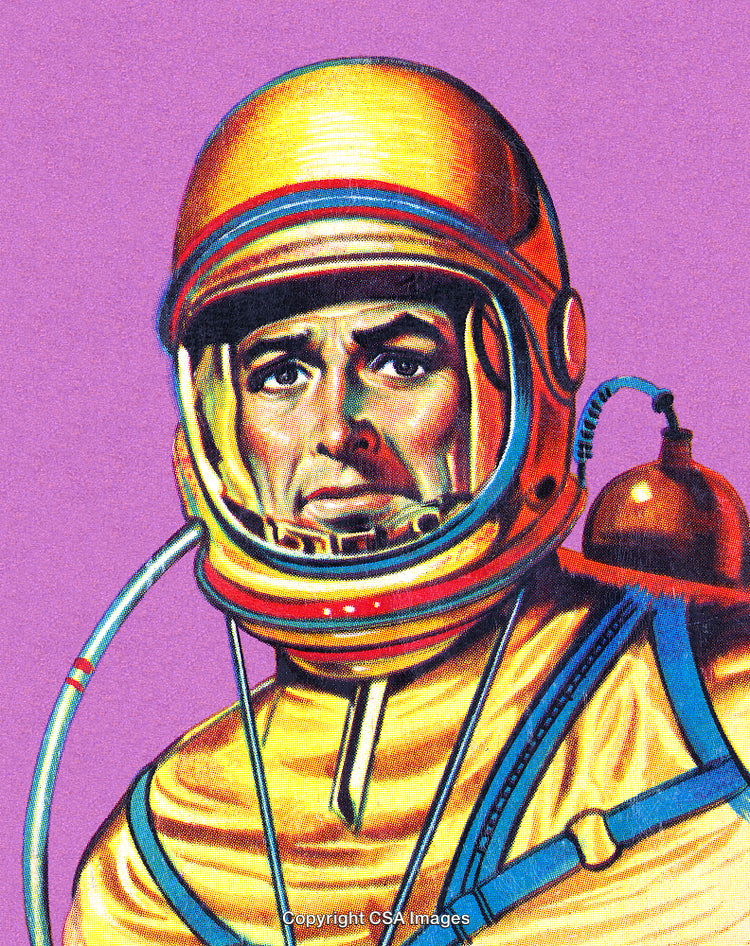 Vintage Illustration of an Astronaut in a Gold Space Suit on Purple Background