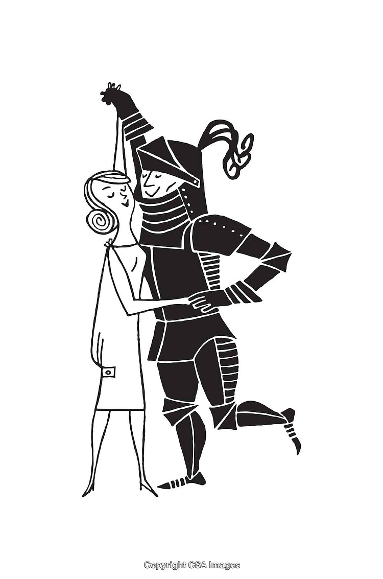 Illustration of Woman Dancing with Charming Knight in Black and White