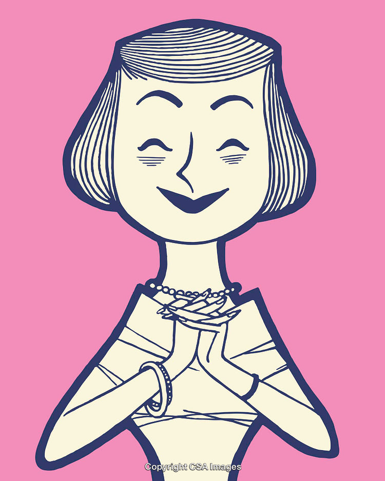 Colorful Line Art Illustration of a Cheerful Woman on a Pink Background