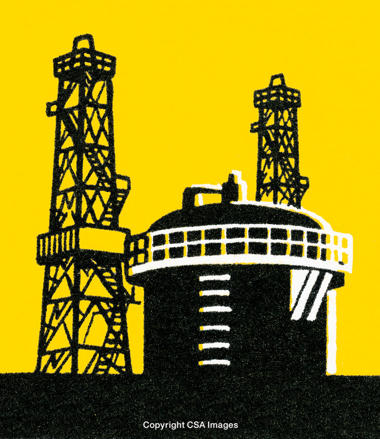 Industrial Oil Rig Silhouette Against Bold Yellow Background Illustration