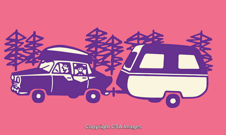 Retro Car Towing Camper in Scenic Forest Setting on Pink Background