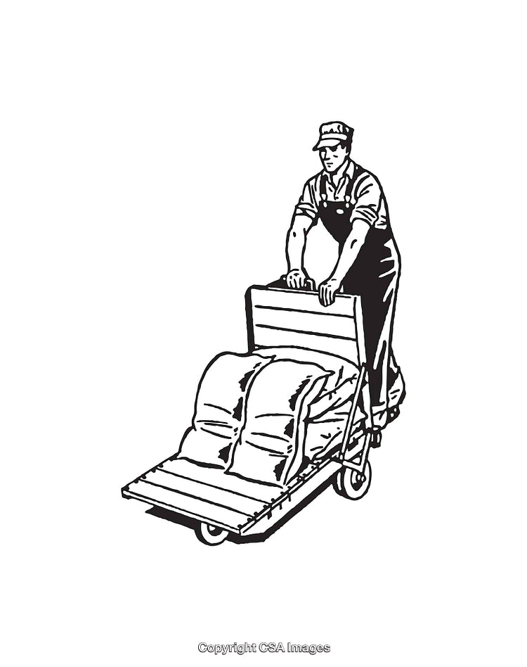 Worker Pushing Cart Loaded with Bags in Black and White Illustration
