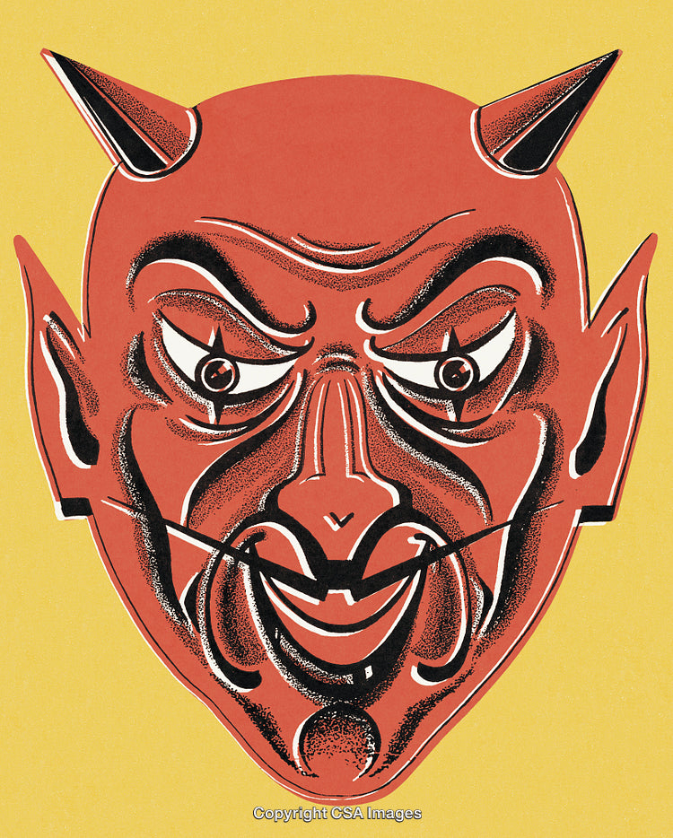 Vintage Red Devil Mask Illustration on Bright Yellow Background