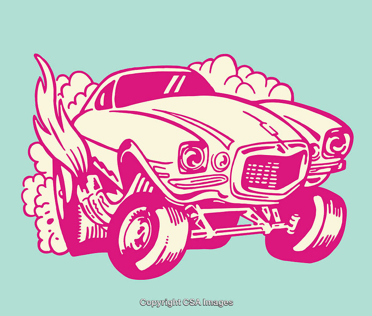 Vibrant Retro Car Jumping with Bold Artistic Style and Flames