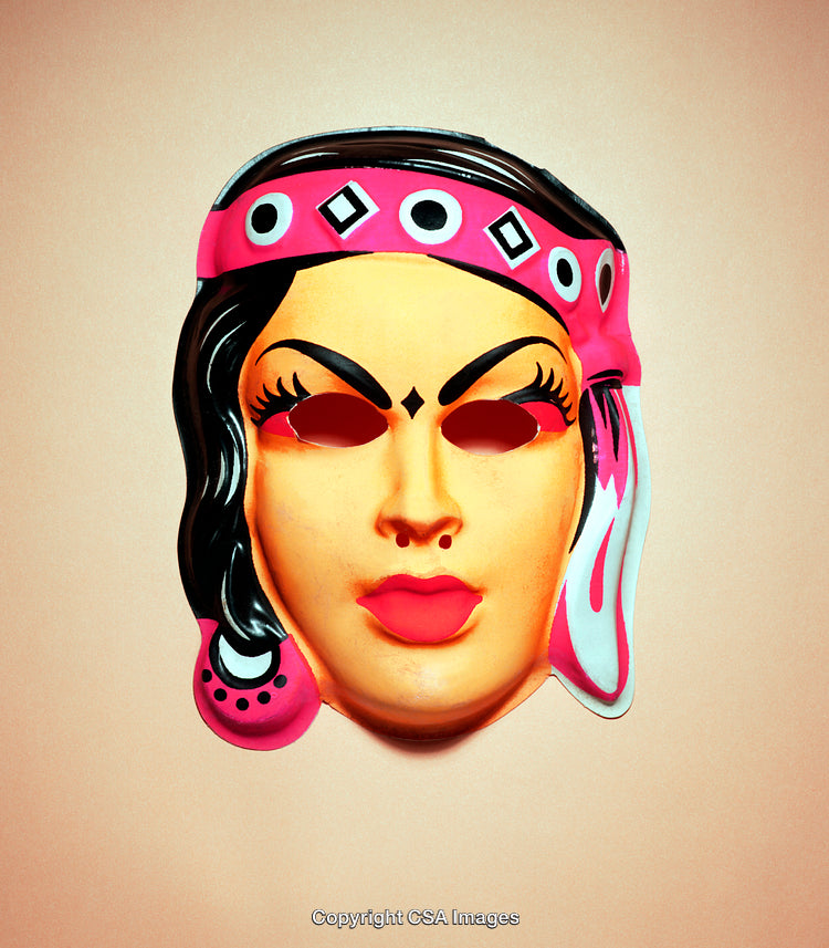 Vibrantly Colored Plastic Mask With Artistic Patterns and Cultural Design Elements