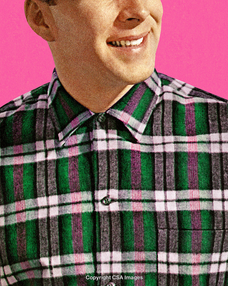 Man in Colorful Plaid Shirt with Vibrant Pink Background, Retro Style