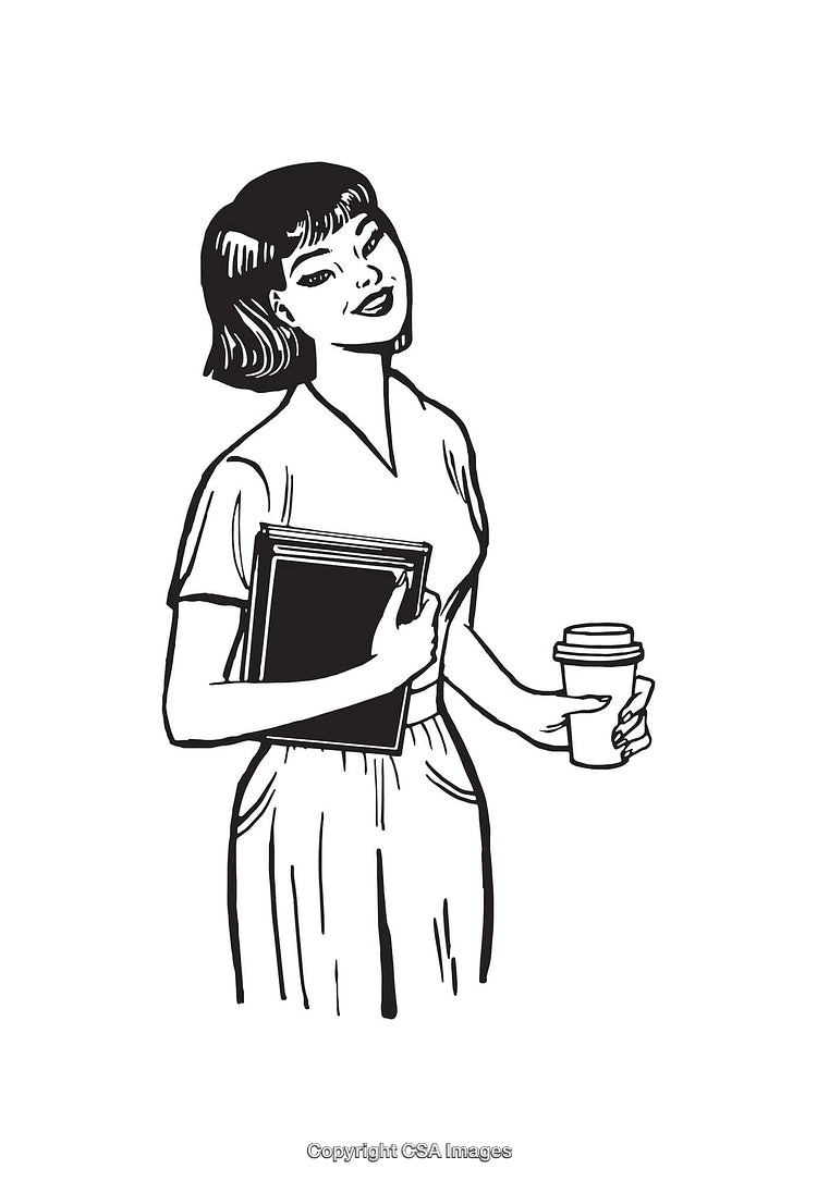 Smiling Woman Holding Coffee Cup and Books in Black and White Line Art