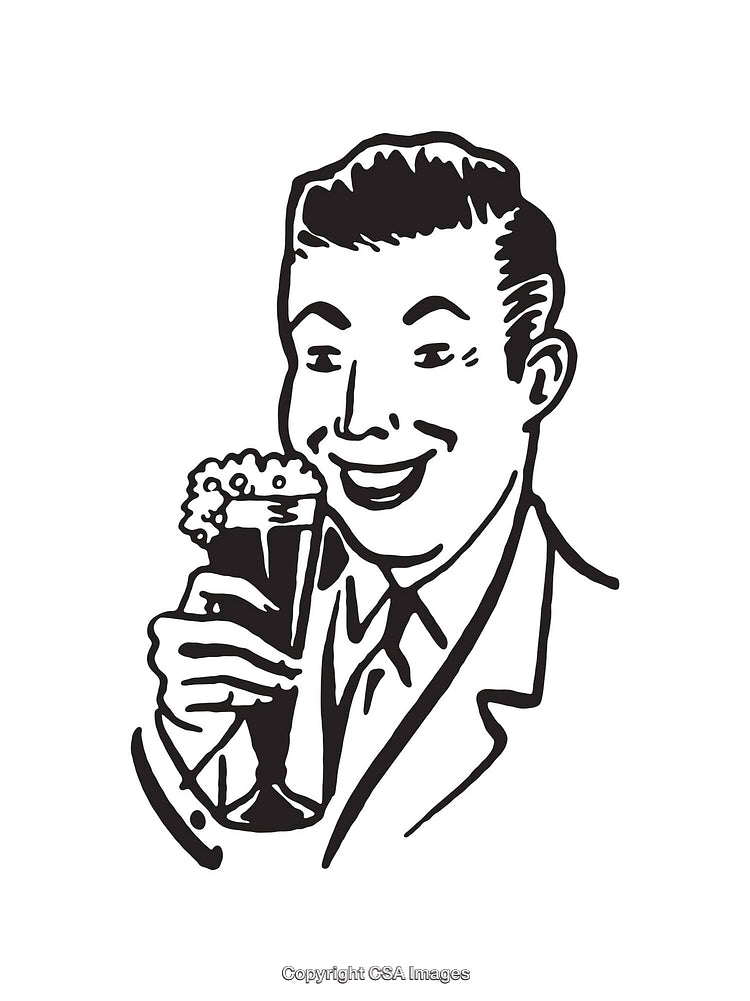 Retro Line Art of Man Holding a Beverage with a Cheerful Expression