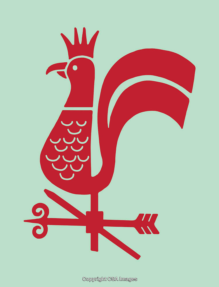 Red Rooster Silhouette with Crown on Mint Green Background