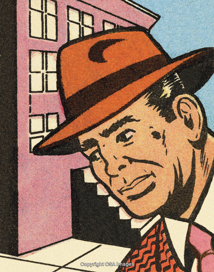 Retro Styled Illustration of a Man Wearing a Red Hat by a Building