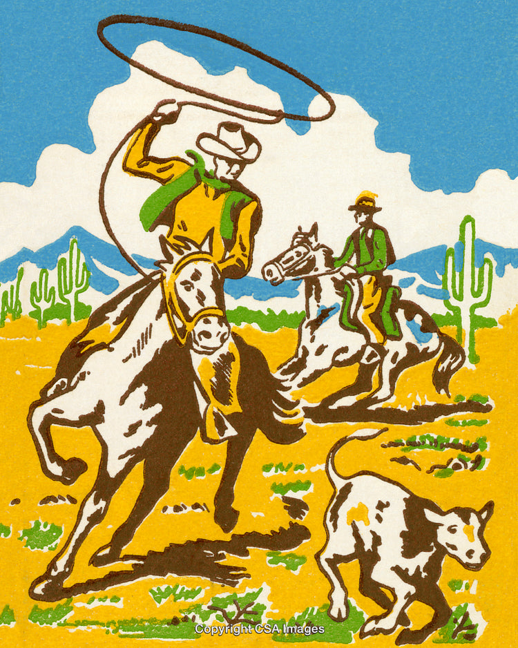 Western Scene with Cowboys Herding Cattle in a Desert Landscape