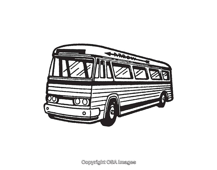 Retro Black and White Illustration of a Vintage Bus in Line Art Style