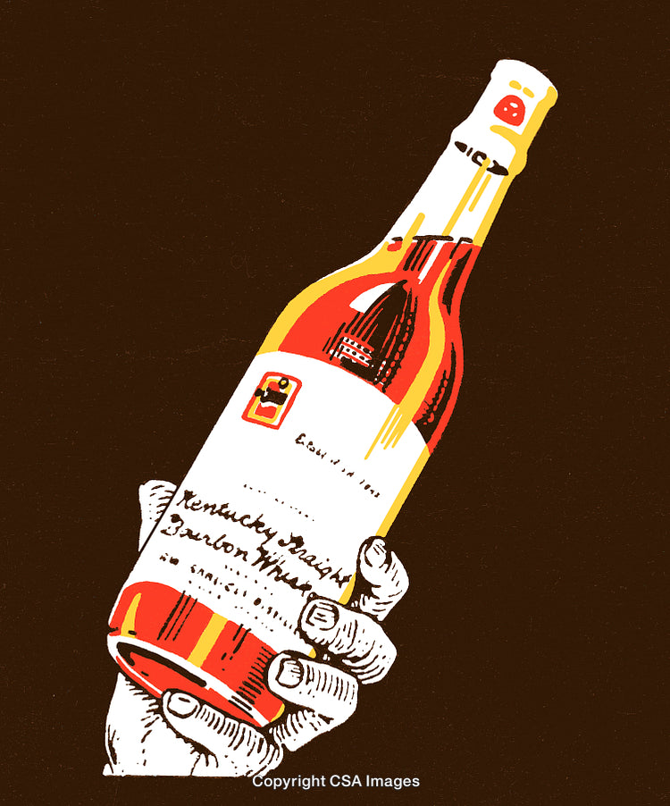 Hand Holding a Whiskey Bottle in Vintage Style Illustration