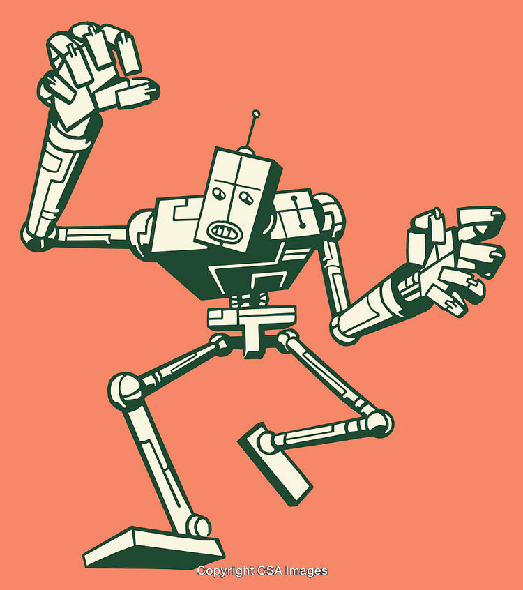 Retro Style Robot Illustration on a Vibrant Background in Bold Line Art