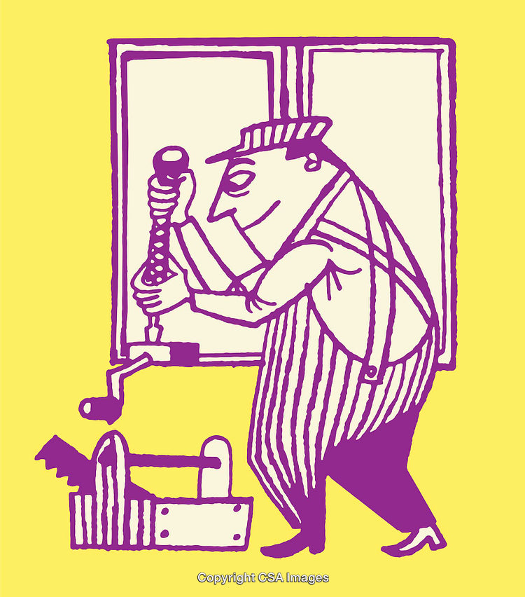 Whimsical Line Art Illustration of Artisan Using a Hand Tool at a Workbench