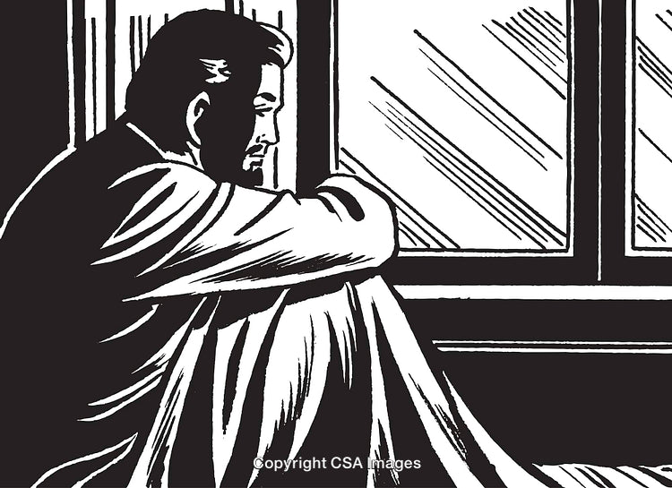 Black and White Illustration of a Thoughtful Man Sitting by a Window
