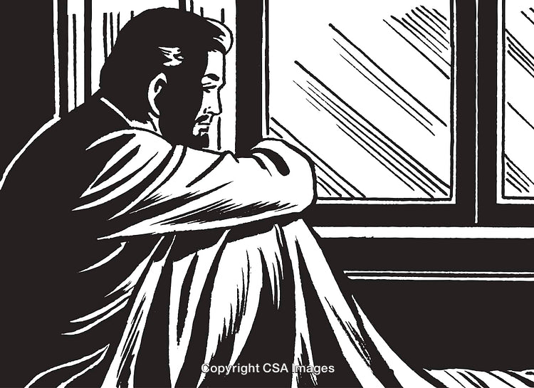 Black and White Illustration of a Thoughtful Man Sitting by a Window