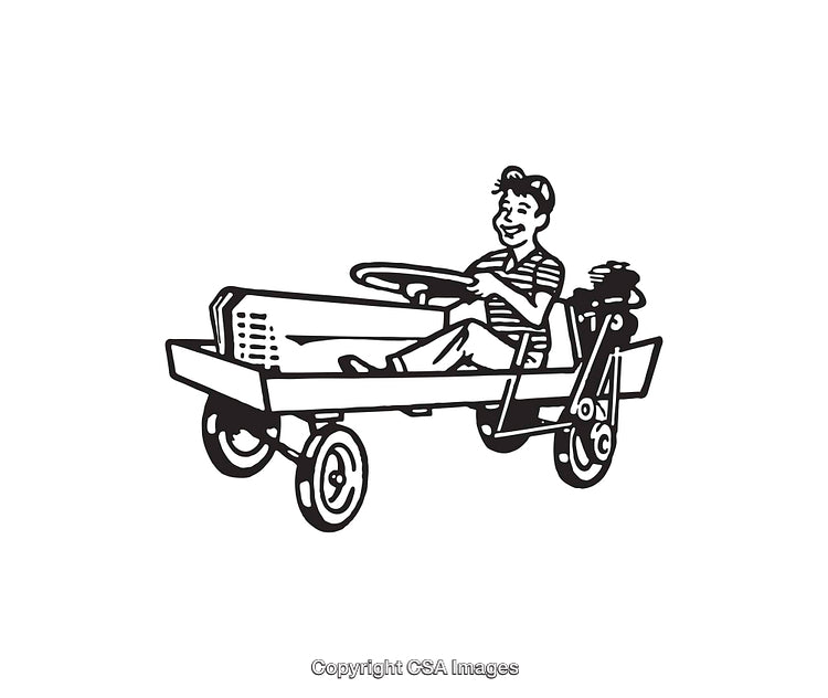 Vintage Line Art of Child Riding a Cart with Steering Wheel