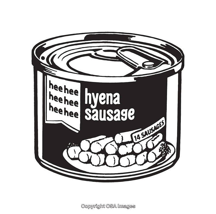 Black and White Illustration of Hyena Sausage Can Label with Text Details