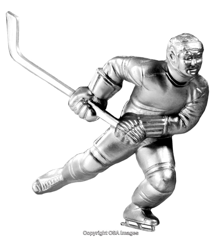Silver Hockey Player Sculpture Depicting Athletic Motion and Team Spirit
