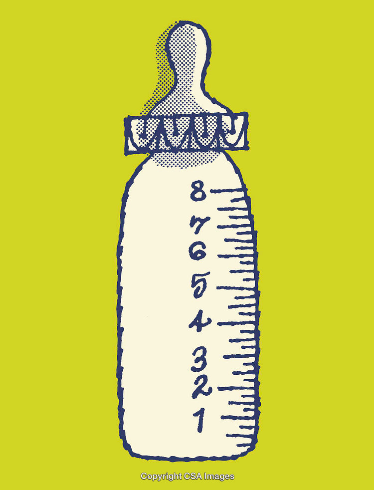 Illustrated Baby Bottle with Measurement Scale on Vibrant Green Background