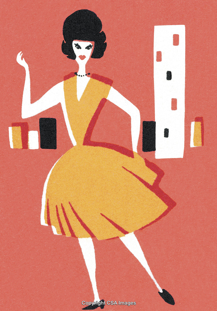 Vintage Illustration of Fashionable Woman in Yellow Dress in Mid-Century Style