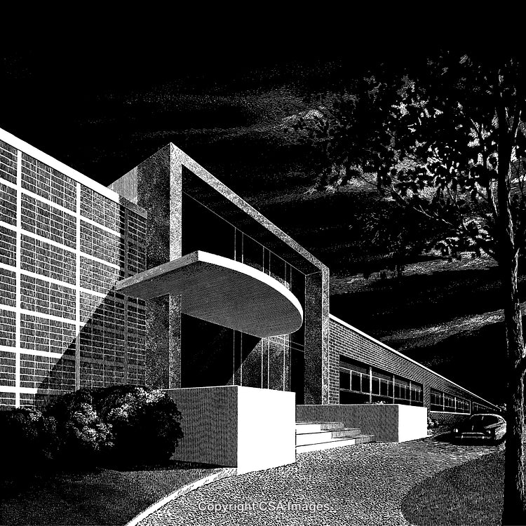 Modern Architectural Building in Nighttime Black and White Engraving Style