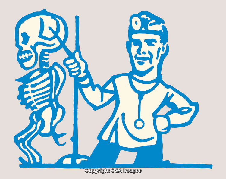 Cartoon Doctor Observing Skeleton in a Humorous Line Art Style