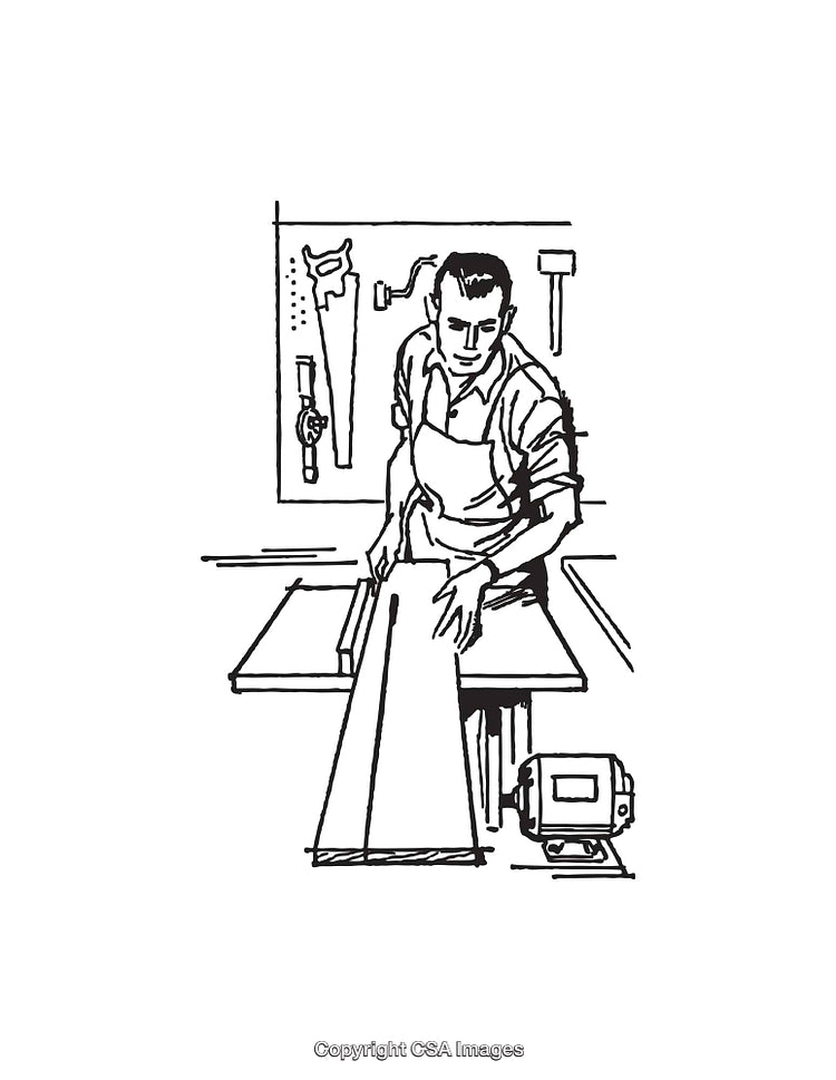Vintage Black and White Line Illustration of Carpenter at Workbench