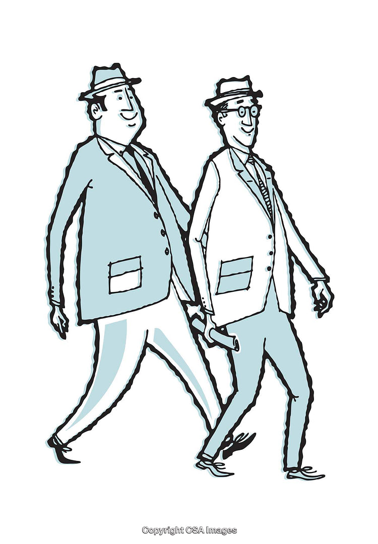Two Cartoon Professional Men Walking Together in Suits and Hats