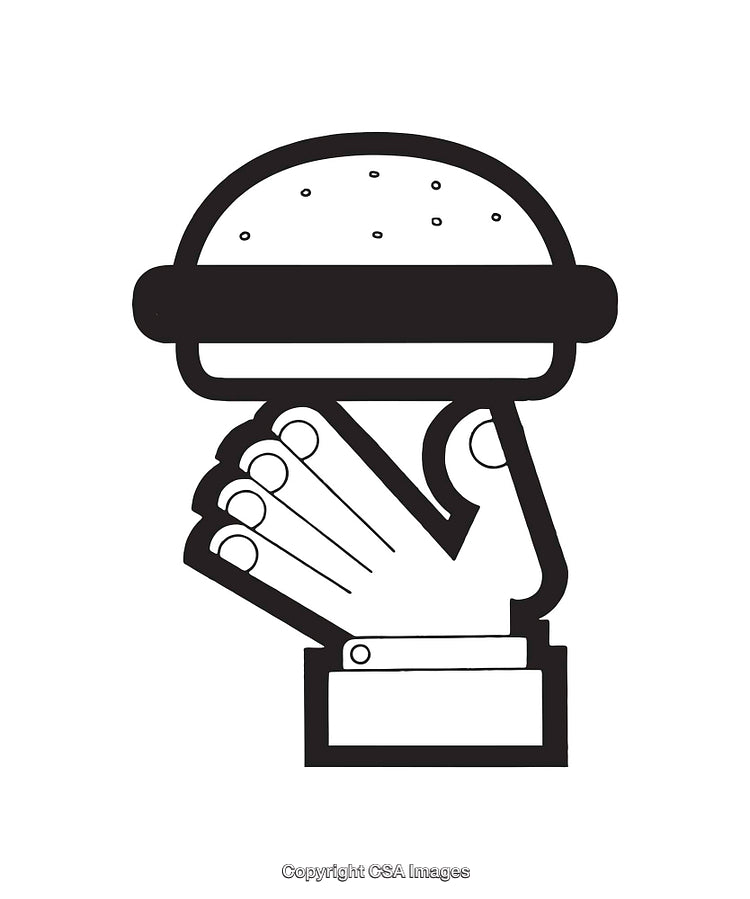 Minimalist Black and White Line Art of Hand Holding a Burger