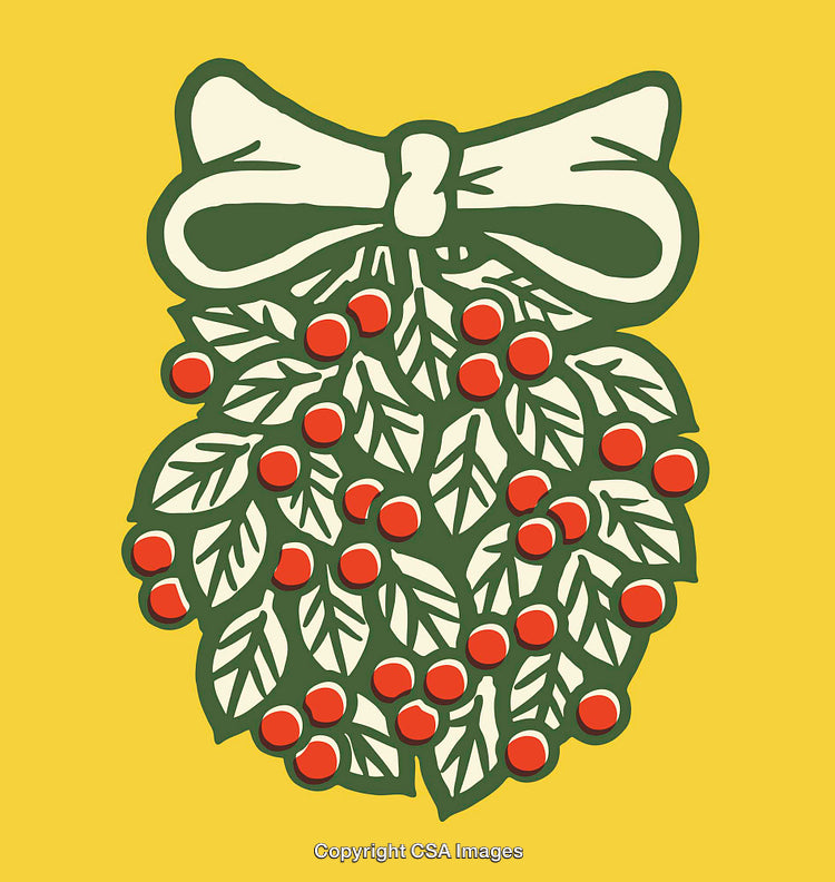 Illustration of Mistletoe With Red Berries and Bow on Yellow Background
