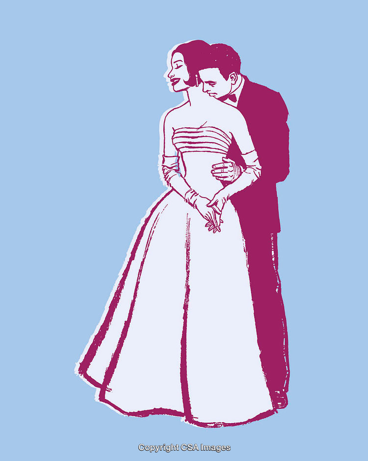 Romantic Line Art of Elegantly Dressed Couple Embracing