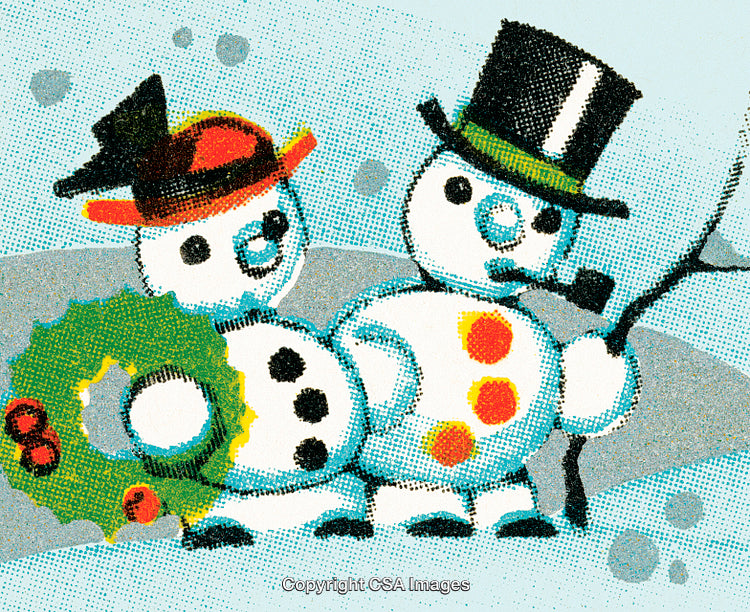 Two Snowmen Holding Accessories in a Winter Scenic Illustration