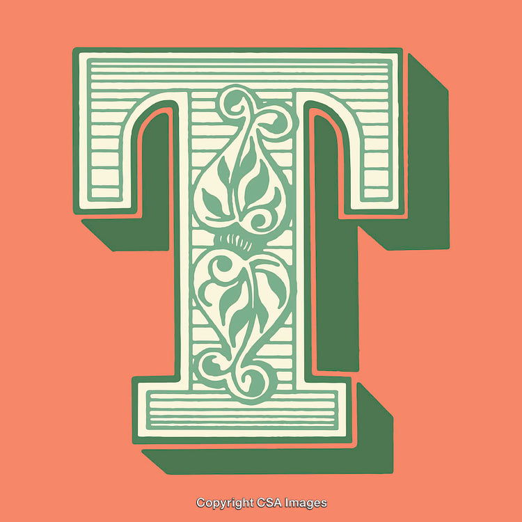 Ornate Letter T Illustration with Floral and Classical Elements