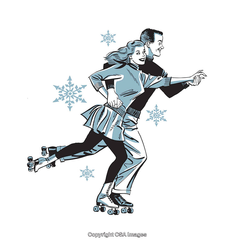 Retro Illustration of a Happy Couple Roller Skating Together
