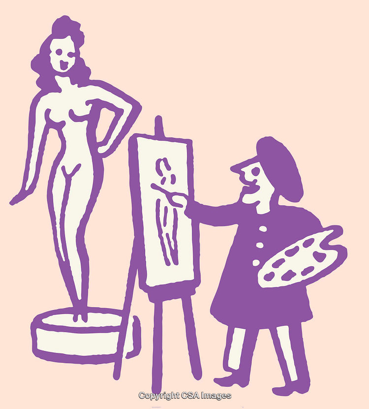 Artist Painting a Model in a Vintage Style Illustration
