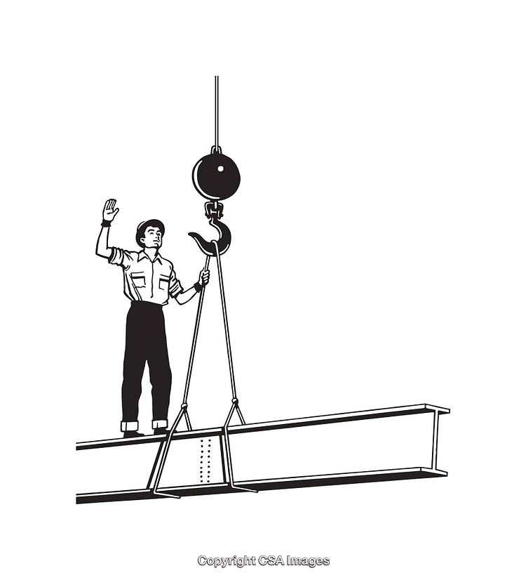 Worker Guiding Beam with Crane Hook in Line Art Illustration