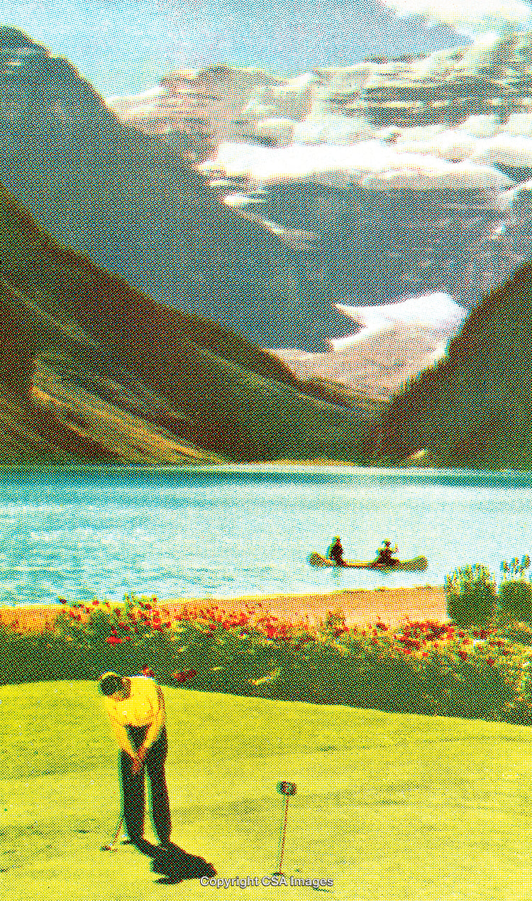 Scenic Mountain View with Lake, Canoeing, and a Golfer on Green Field