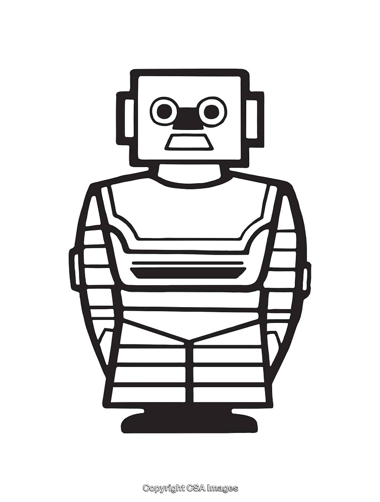 Black and White Line Art Illustration of a Robotic Figure
