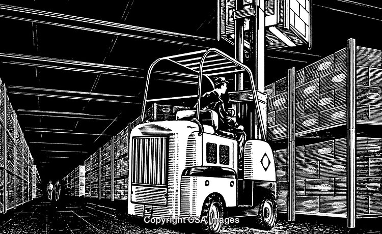 Vintage Forklift in a Warehouse Engraving Style Illustration