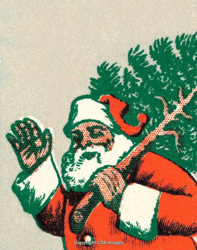 Vintage Santa Claus Carrying Christmas Tree in Festive Illustration