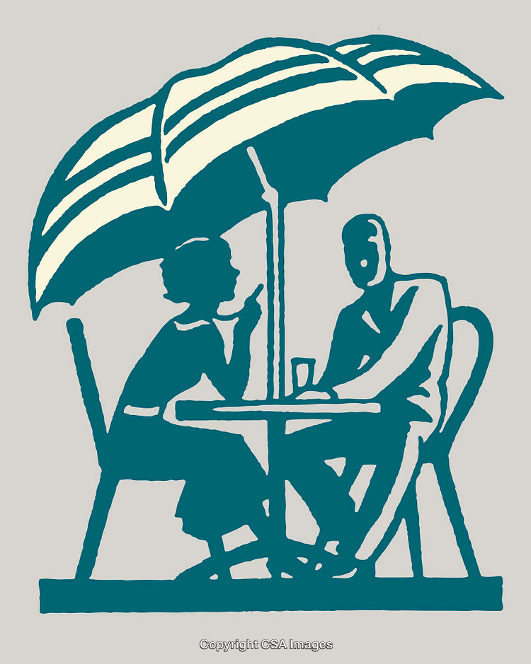 Illustration of Two People Conversing at a Café Under an Umbrella