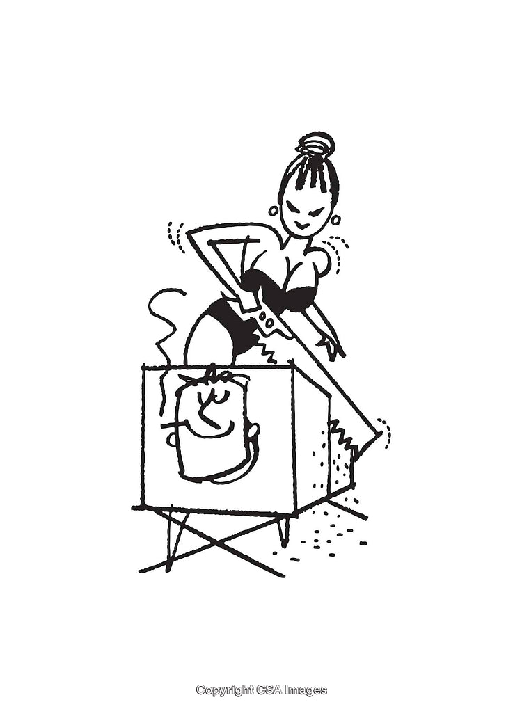 Magician Performing a Sawing Illusion in Black and White Illustration