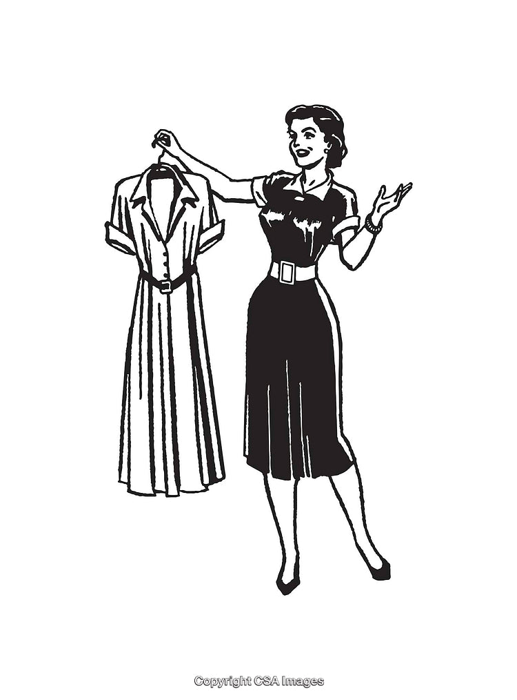 Vintage Illustration of a Woman Holding a Dress in Black and White