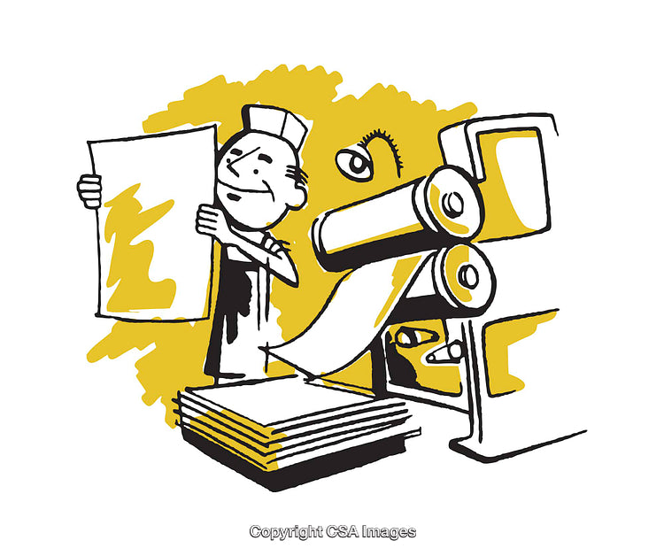 Illustration of a Print Worker Operating a Press Machine with Paper Output