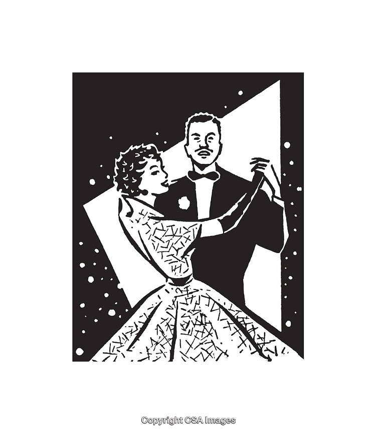 Couple Dancing Elegantly in Vintage Black and White Line Art Illustration