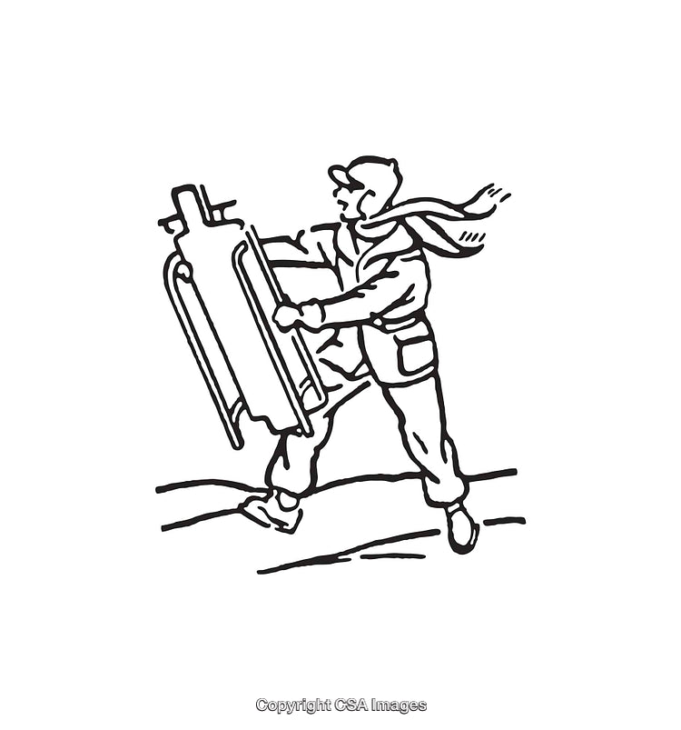 Black and White Line Art of Person Pulling a Sled in Winter