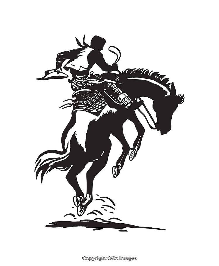Black-and-White Line Art of a Cowboy Riding a Bucking Horse