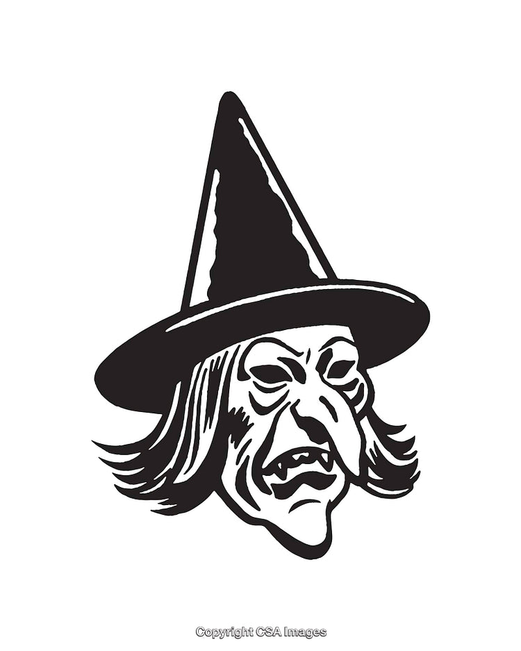 Black and White Illustration of a Witch Wearing a Pointed Hat